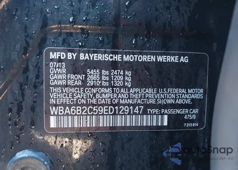 2014 BMW 650I Gran Coupe from USA, damaged, VIN WBA6B2C59ED129147